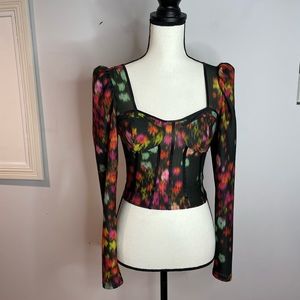 Guess Off The Shoulder Cropped Zip Multicolor Floral Top Women’s Size XS